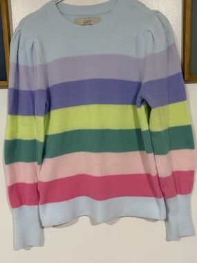 LOFT Pastel Multi-Stripe Puff-Sleeve Crew Sweater
